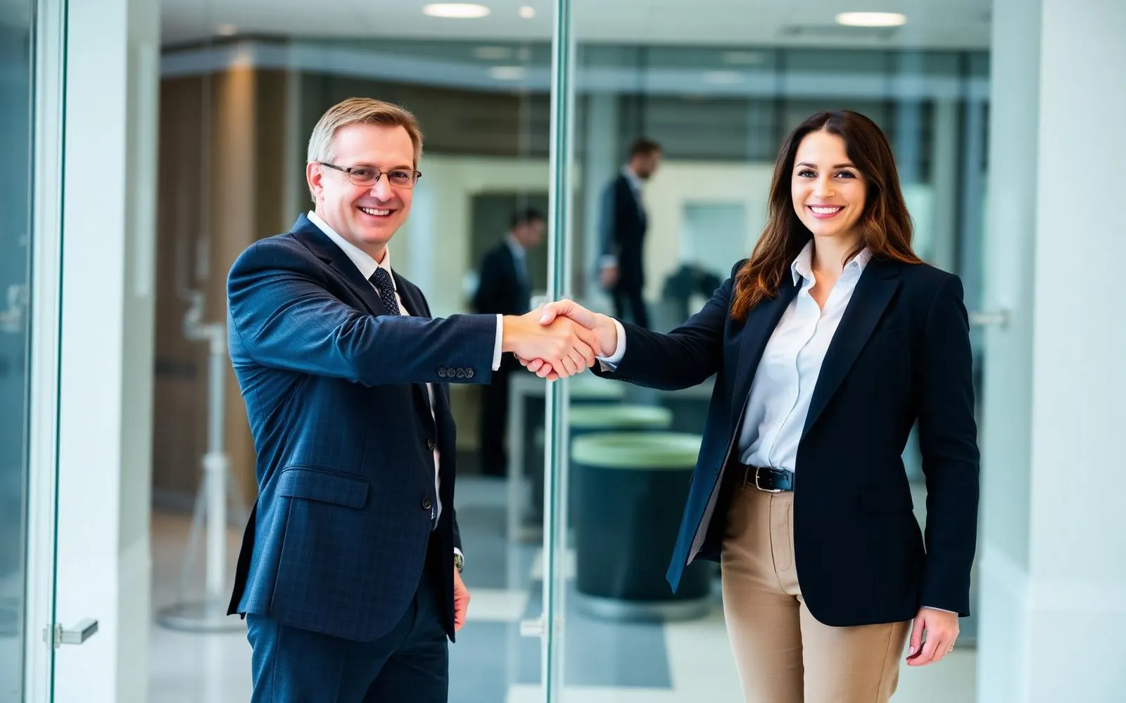 Two business professionals shaking hands in a modern office, symbolizing partnership