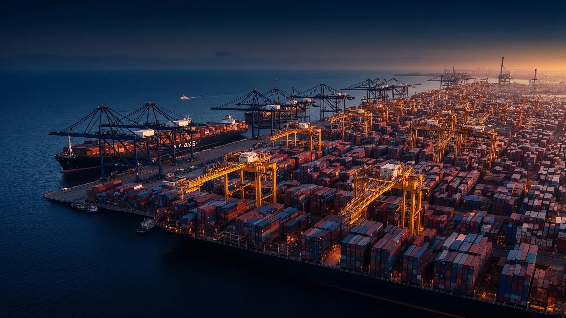 Aerial view of a global container shipping port at golden hour