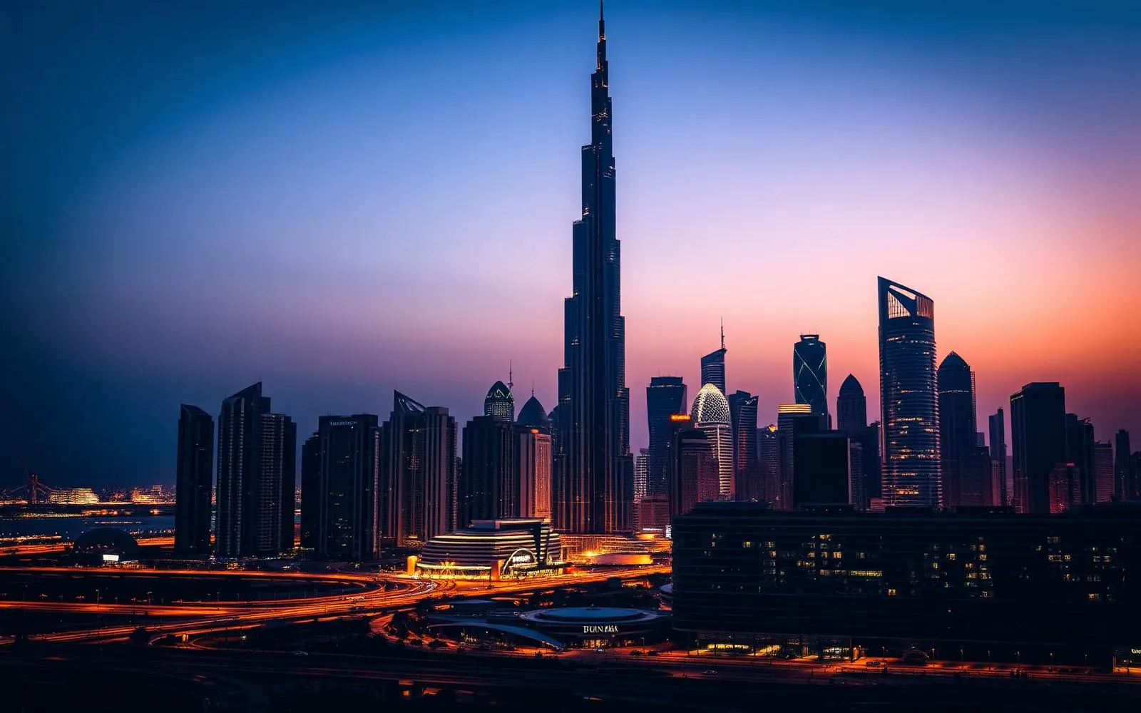 Modern UAE skyline at dusk featuring the Burj Khalifa